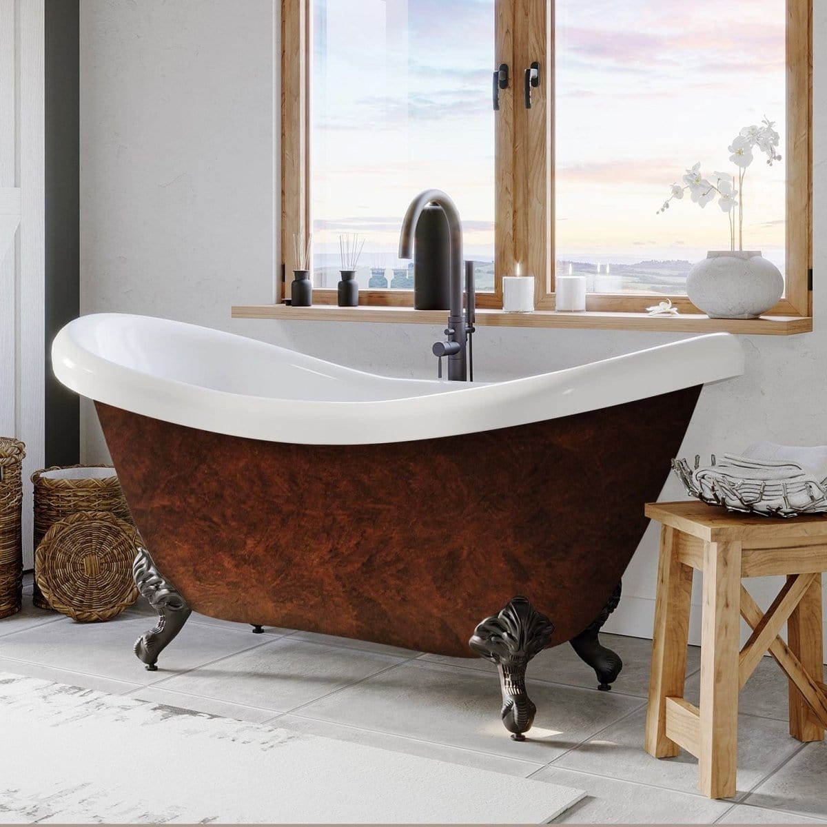 69" FAUX COPPER BRONZE HAND PAINTED ACRYLIC DOUBLE SLIPPER CLAWFOOT BATHTUB - Oasis Bathtubs